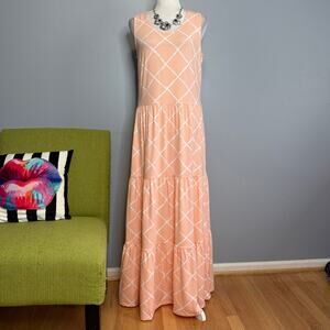 Lands End Orange White Geometric Tiered Sleeveless Maxi Dress XL